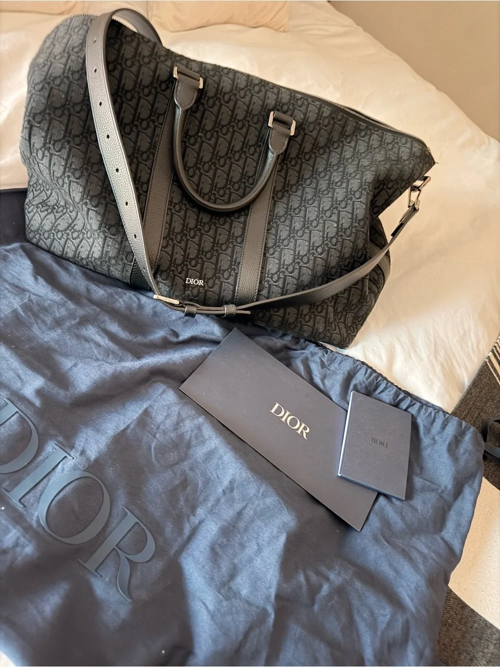 Dior Gray Monogram Canvas Duffel with Leather Trim